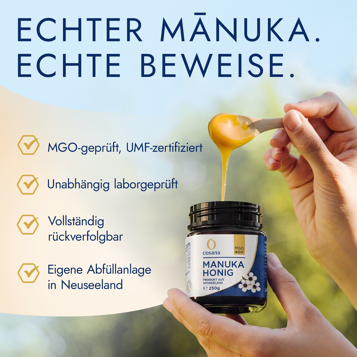 Echter Manuka, echte Beweise: MGO-geprüft und UMF-zertifiziert, unabhängig laborgeprüft, vollständig rückverfolgbar, eigene Abfüllanlage in Neuseeland