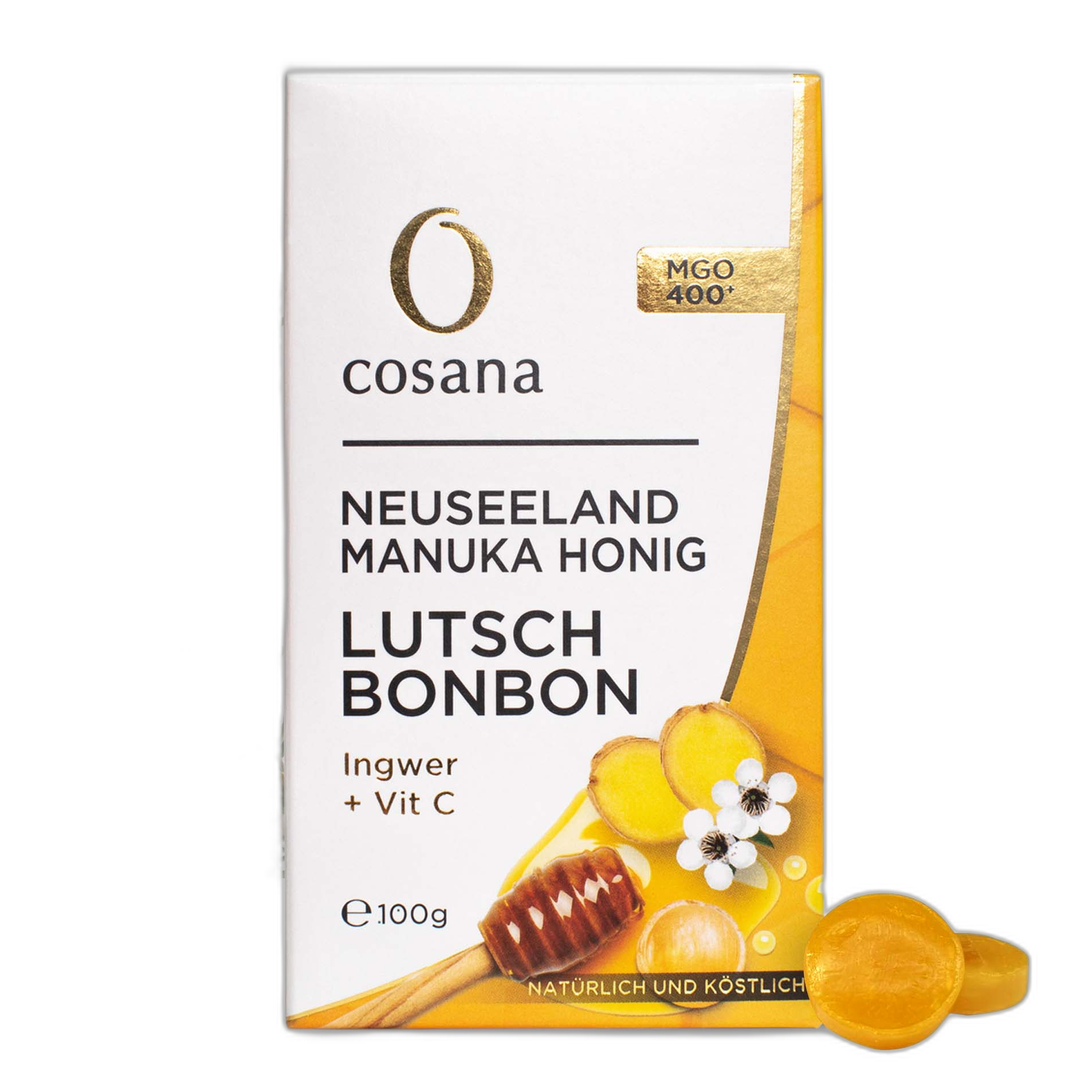 Cosana Manuka Honig MGO 400+ Lutschbonbons mit Ingwer und Vitamin C