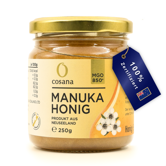 Cosana Manuka Honey 850 MGO + 250g - 100% pure in a glass jar - Bottled, sealed and certified in New Zealand